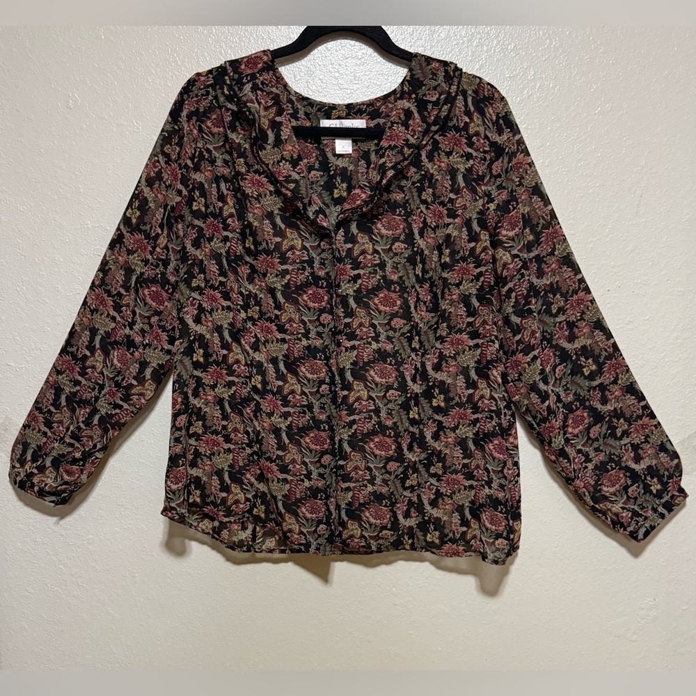 CJ Banks Earthy Floral Ruffle Collar Button-Down Blouse | Women’s Top - Picture 2 of 5